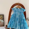 Платья для девочек, цельное синее летнее модное милое платье с сокровищами для дня рождения, свадьбы, детская одежда принцессы для малышей