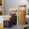 Garrafas de armazenamento Frascos de doces cobrem tampas de pedreiro e cozinha com especiarias bambu para recipiente de biscoitos de vidro atacado quadrado