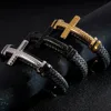 Chokers flätat läderfolor armband för män guldpläterade rostfritt stål kristna tvärarmband armbanden man religiösa smycken