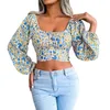 Blouses Femmes Femmes Élégant Top Resort Style Chemise À Manches Longues Sexy Tops Floral En Mousseline De Soie Chemises Col Carré Crop Camisas Blusas