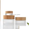 Cream Jar Wholesale Frosted Clear Glass Cream Jars Natural Bamboo Lids Empty Refillable Cosmetic Container Bottles Sample 5G Dhgarden Dhsm3