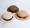 Seioum whole sun flat straw hat boater hat girls bow summer Hats For Women kid and Beach flat panama straw chapeau femme6521243