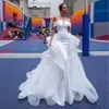 Stunning White Detachable Dresses Off Shoulder Cascading Ruffles Satin Wedding Gown Sweep Train Chapel Bridal Dress