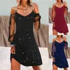 Vestidos casuais feminino sensual moda glitter contraste malha ombro frio lazer liso manga longa diário mini vestido queimado