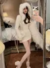 Kış örgü kazak elbisesi kapşonlu kadınlar ince bodycon y2k mini elbise sahte kürk kadın elbise Korean 231226