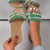 Pantoufles d'été pour femmes, chaîne en métal, décor de perles, antidérapantes, style Boho, sandales plates décontractées à bout ouvert, chaussures respirantes à fond souple