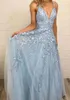 Charming Sky Blue Lace Tulle Prom Dresses Sexy A Line V-neck Spaghetti Straps Appliques Floor-length Evening Gowns Bridesmaids Dresses Plus Size