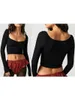 Women's T Shirts Women Solid Color Crop Tops Square Neck Long Sleeve T-Shirts Going Out Slim Fit Basic Streetwear