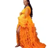 2024 Prom Dresses Ruffles Yellow Tulle Kimono Women Robe for Photoshoot V Neck Evening Gowns African Cape Cloak Maternity Dress Photography Babyshower Dress