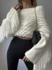 Женские свитера, утепленный белый свитер с открытыми плечами с кисточками, женский элегантный короткий шерстяной пуловер с разрезом на шее и длинным рукавом, 2023, зимние женские вязаные джемперы J231226