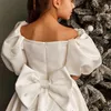 elegant Princess Ivory Puff Sleeves Flower Girl Dresses For Wedding 2024 Satin A-Line Boat Neck First Communion Gowns With Bow