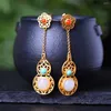 Dangle Earrings S925 Sterling Silver Inlaid Hetian Jade Ear Studs 장식 South Red Turquoise Fu Lu Female Gourd Style Treasure