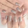 False Nails Light Gray Glitter Medium Short Squoval Glossy Press On Shimmer Gift Stickers Acrylic Daily Square