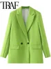 トラフウーマンファッショングリーンルーズスーツジャケットolスプリングビンテージソリッドカラーブレザーダブル胸肉女性シックロングコート231225