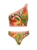 Women's Swimwear Vintage One-Shoulder Embroidered Print Bikini Set And Fringe Skirt For Women 2023 Luxury Two Piece Swimsuit Sexy /