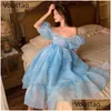 Basic & Casual Dresses Casual Dresses Summer Sweet Rainbow Princess Dress Women Korean Elegant Square Collar Puff Sleeve Midi Female Dhe9U