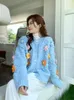 여자 니트 Zoki Sweet 3d Floral Women Knitted Cardigan 우아한 프레피 스타일 느슨한 스웨터 코트 한국 캐주얼 긴 소매 o 목 패션