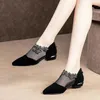 Heels Women Mesh Shoes 2021 Spring Korean Style Low Heels Sexy Rhinestone Pointed Toe Square Heel Female Footware Black Big Size