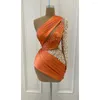 Robes de soirée KSDN Sexy Orange Robe de bal pour les femmes une épaule à manches longues au-dessus du genou Mini jupe paillettes perles pli occasion spéciale