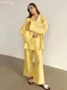 Clacive Casual Yellow Stripe Home Suits Elegant High Waist Wide Pants Set Fashion Long Sleeve Shirts Two Piece Set Women Outfit 231227