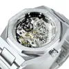 ForSining Silver Automatic Watch Men 3D Diamond Dial Oregelbundet skelett Mekaniskt armbandsur Lysande händer klocka 231226