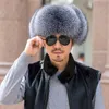 Winter Men's 100% Real Silver Fox Fur Bomber Hat Raccoon Fur Ushanka Cap Trapper Russian Man Ski Hats Caps Real Leather 231227