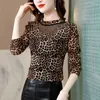 Blusas femininas 2023 outono inverno leopardo impressão topos feminino meia gola alta malha camisas senhoras camisa de fundo fino g539