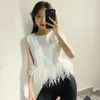 Tops 2021 Summer Dress RMZM Black Patchwork Feather Top Korean Style Fashion Shirt Crew Neck Slim Fit Ladies Clothing Dating