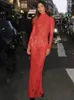 Casual Dresses Inwoman Red Sexy Long Sleeve Lace Maxi Dress Party Club Outfit For Women 2023 Fall Winter See Through Bodycon Female