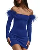 Casual Dresses Gotoola Off-Shoulder Tight Long Sleeve Sexy Fur Backless High Waist Figure Flattering Sheath Pure Color Mini Short Dress