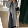 Herbst Winterstil lose und fauler Absicherungsseitenschlitz über den knielangen Strick -Kleid Frauen 231226