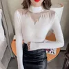 Kadın Sweaters Koreli Şık Mesh Eklenmiş Yarım Yüksek Yaka Kadın Seksi İnce İçi Dışarı Örme Jumpers Pembe Uzun Kollu Yüzyüz