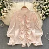 Women's Blouses Korean Women Casual Long Sleeve Ruffles Shirts Female Sweet Loose Pink Shiny Bottons Patchwork Fairy Tops Mujer Spring