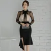 Casual Dresses Fashion Sexy Womens Patchwork Lace Long Sleeve Asymmetric Slim Black Dress Autumn And Winter Women's Elegant