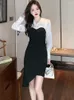 Casual Dresses 2023 Formal Dress for Wedding Woman Black Patchwork Long Sleeve Polo Collar Spring Autumn Luxury Elegant Party