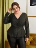 Vêtements ethniques Mode Chemise Femme Solide Plus Taille 4XL Blouses à paillettes Tops surdimensionnés Col V Elegan