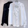 Blusas femininas 2024 Spring Chic White Shirt Women Organza Bordado tridimensional Flor de lantejoulas e tops sub-camisetas