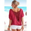 Blusa topos blusa camisa renda oco vermelho preto casual feminino verão senhoras roupas de moda feminina roupas