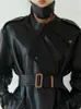 Lautaro Spring Autumn Overized Cool Black Long Leather Trench Coat for Women Belt Långärmad Löst europeisk mode 231226