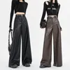 Women's Pants 2023 Women Retro Black Elegant Pu Wide Leg Trousers Brown Faux Leather Autumn Winter High Waist Versatile Casual Long Pant