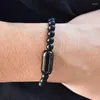 Strand Natural Stone Charm Bracelets Black Stainless Steel Magnetic Clasp Matte Bead Bangle Men Jewelry