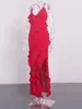 Casual Dresses Red Ruffled Chiffon Lip Dress Backless Front Slit Sexy Women's Long Summer Night Party