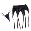 Femmes noires Wetlook en cuir verni jarretière culotte pince en métal chaussette jarretière porte-attache jarretelle avec tongs G-strings 231226