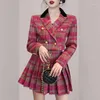 Vestidos de trabalho zawfl outono inverno elegante tweed xadrez saia define feminino doce o-pescoço flor jaquetas curto topos mini saias plissadas terno