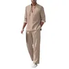 Men's Tracksuits Pieces Long Sleeve 2 Set Linen Summer Cotton Casual Pants Henley-Shirt Beach Yoga Outfits Pockets Suit With Male Clothes