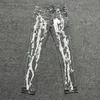 Jeans skinny viola a vita bassa da uomo Jean Spill Paint Bleach Paint Stretch Jeans neri 231226