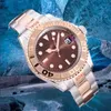 Original Rolxs Watches Mens Automatic Movement Watch Mechanical Brown Rose Gold Ceramic Bezel Two Tone rostfritt stålarmband Bekväm gummiband WR