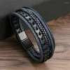 Charm Armband Fashion Classic Men's Multi Layer Leather Rope Woven Armband Alloy Magnetic Buckle Smycken