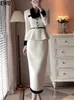 ewqエレガントな白いスプライスラペルシングルブレスト長袖コントラストベルト女性Sフリルコートスカート2ピースセット16U6144 231227