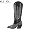 Onlymaker femmes noir genou haute strass bottes Western Cowboy bottes paillettes Bling brillant bloc talon bottes faites à la main 231226